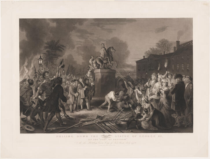 A black-and-white print from 1859 depicting a nighttime scene of an angry crowd of New Yorkers from the colonial period pulling down an equestrian statue of King George III.